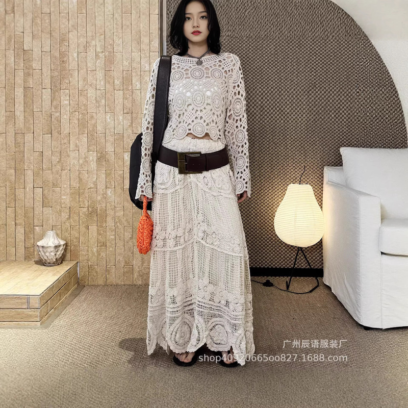Crochet Hollow-Out Knit Skirt Set for Women, High-Waisted A-Line Long Skirt, Half-Length Skirt