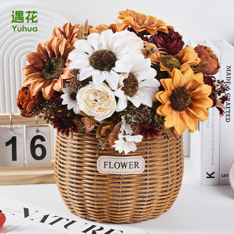 Cross-Border New Autumn Sunflower Artificial Flower Wedding Hotel Decoration Home Table Decoration Sunflower Artificial Bouquet