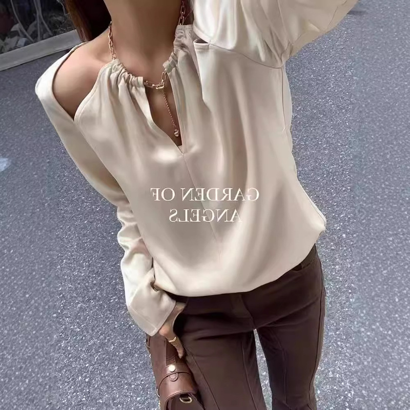 Autumn 2024 New Entry Light Luxury Satin Shirt High-end Long-sleeved Shirt Elegant Slim-fit French Top for Women 3609