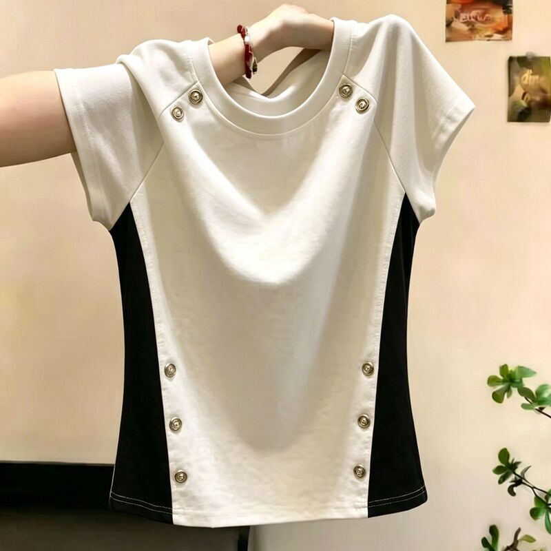 92% Cotton 8% Spandex Round Neck Short-Sleeve T-Shirt for Women, Summer New Design, Solid Color Button-Up Top, Slimming and Versatile Blouse 92% Cotton 8% Spandex Round Neck Short-Sleeve T-Shirt for Women, Summer New Design, Solid Color Button-Up Top, Slimming and Versatile Blouse