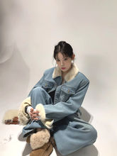 冬季洋气加绒加厚浅蓝牛仔套装女外套阔腿牛仔裤两件套亚马逊厂家