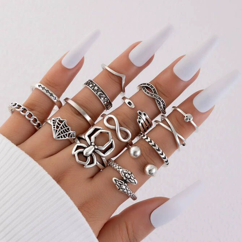 Ring Set, Retro Ethnic Style, 7-Piece European-Inspired Silver-Tone Stackable Rings
