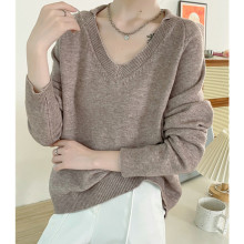 V领毛衣女卫衣秋冬2023新款纯色百搭外穿上衣宽松套头打底针织衫