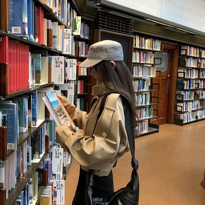 卡其色立领秋冬排扣带腰袢风衣高级气质感外套女|undefined