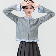 灰色假两件针织开衫女春秋2025新款设计感拼接小个子荷叶边短上衣