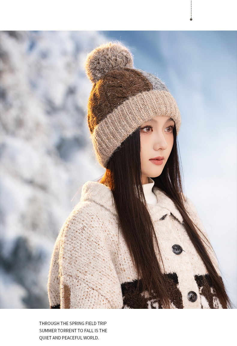 Fashion Versatile Color Block Pom Knitted Autumn Winter Outdoor Fleece Lined Thickened Warm Artistic Retro Pullover Hat_voghion.com