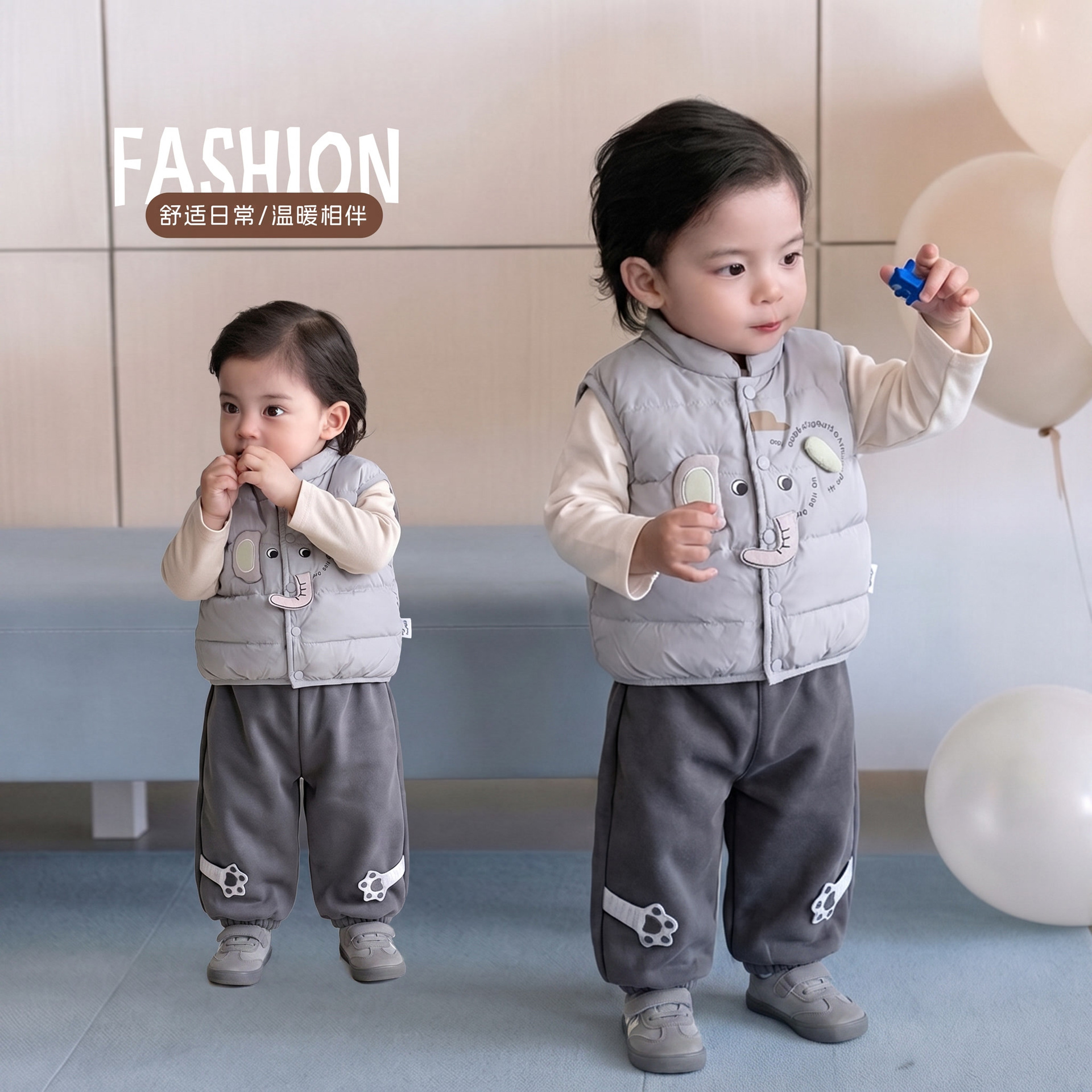 Baby boy down vest, infant warm jacket, lightweight winter cartoon elephant vest, white duck down clothing for going out