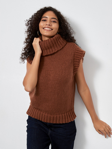 Women's Western Style Fashion High-Neck Knit V-Neck Top for Autumn and Winter Sleeveless Sweater as Innerwear
