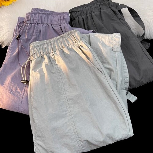 Quick-dry Nylon Work Pants for Women - Summer High-Waist Loose Casual Straight Leg Slimming Purple Sporty Fashion