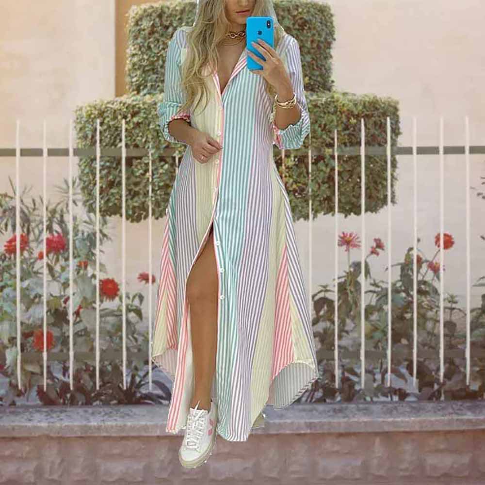 Women's Regular Dress Vacation V Neck Long Sleeve Printing Stripe Leaves Maxi Long Dress Daily Beach display picture 6