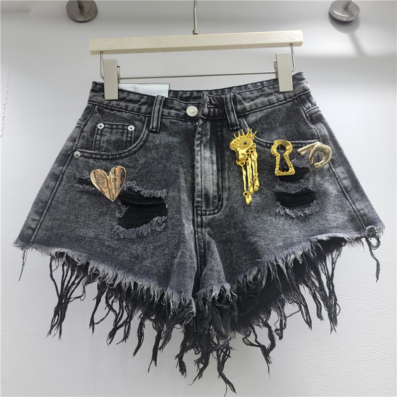 Pantalones Cortos Jeans para Mujer de Mezclilla Pierna Ancha con Borde Deshilachado y Metal image 3