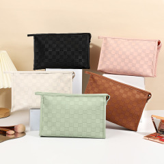 簡約pu皮化妝包 棋盤格花紋護膚品收納包洗漱用品收納旅行包批發