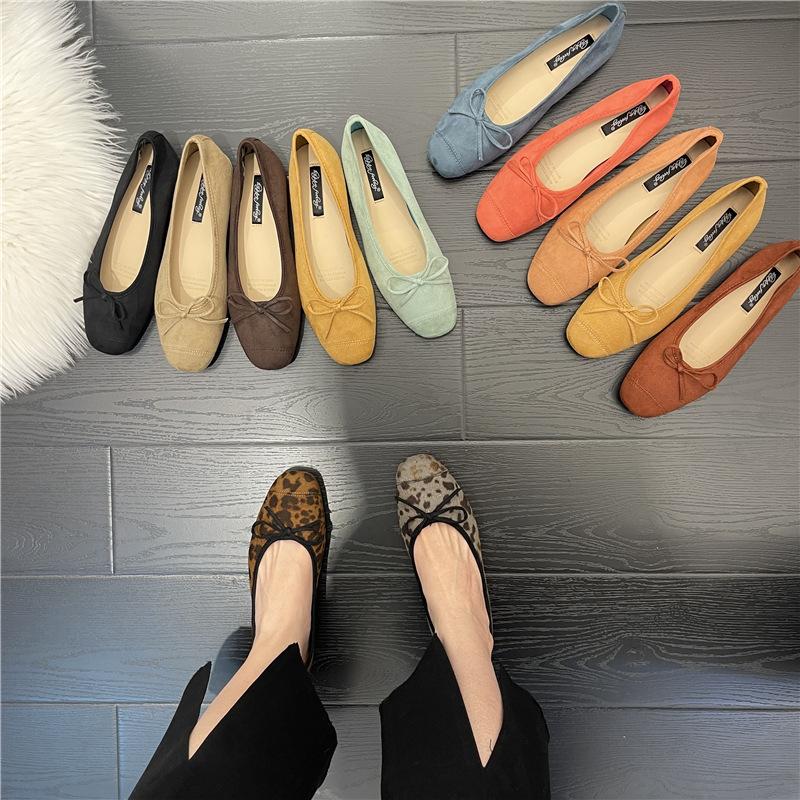 Doudou Shoes Women's Chic Korean Square Toe Shallow Bow Flats Shoes Ballet Comfortable Versatile Retro Flats Trbottomy