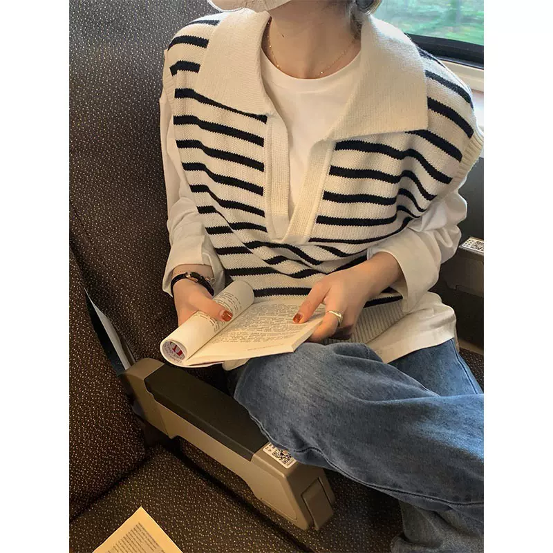 2023年新款条纹针织毛衣马甲女秋季外穿宽松外搭无袖坎肩毛衣背心