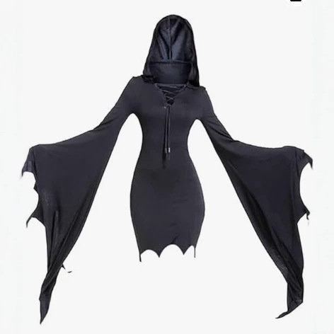 Cross-Border European and American Christmas and Halloween New Women's Clothing Solid Color Lace-Up Hooded Irregular Dress Gothic Style