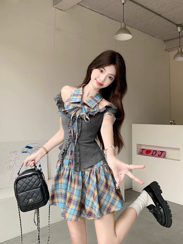 法式学院风蓝色格纹连衣裙子女夏季2025新款气质辣妹收腰短裙套装|undefined