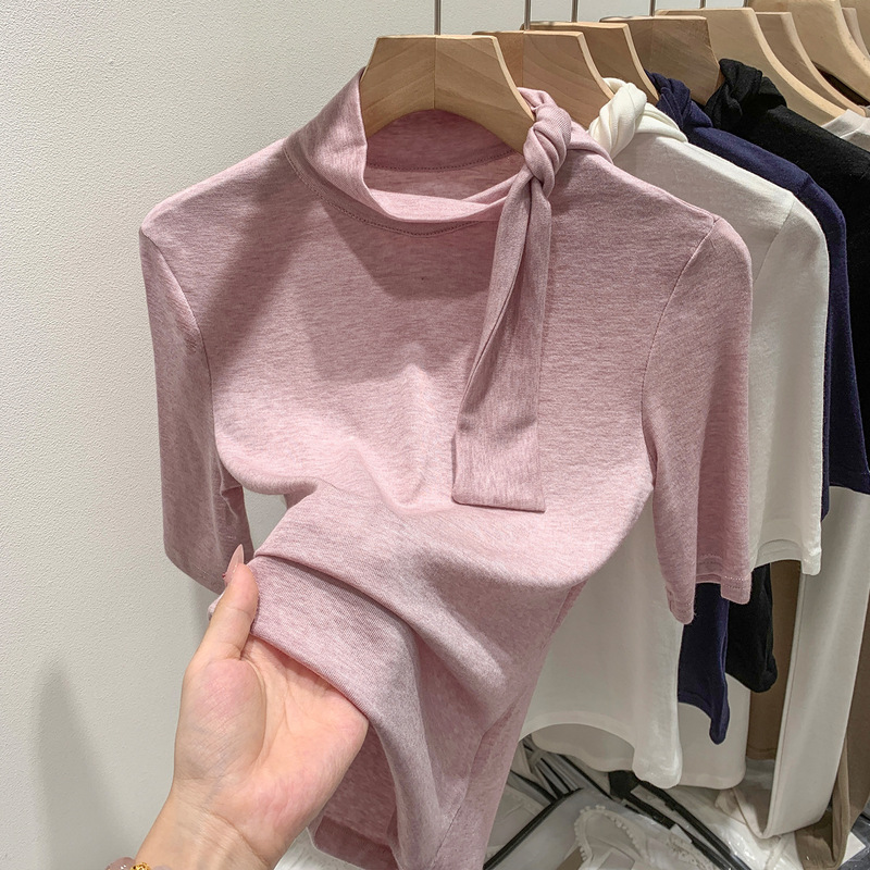 Lyocell Tencel Wool Unique Half Turtleneck Lace-Up Mid-Sleeve T-Shirt Women's Summer High-End Chic Top