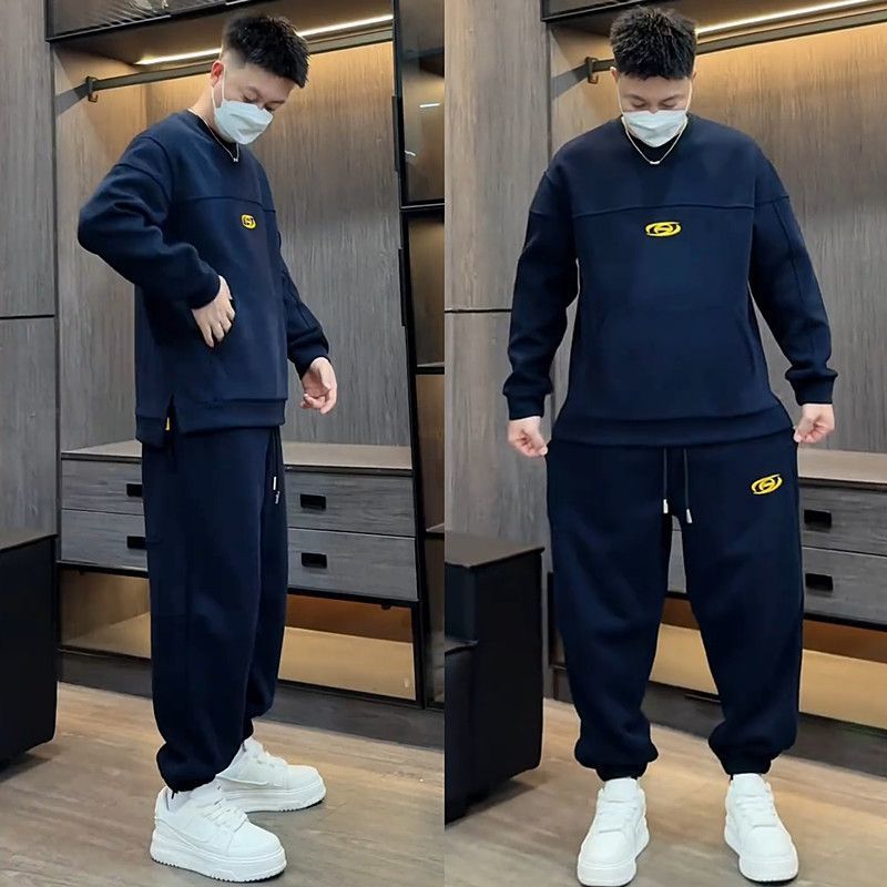가을과 겨울 기모 미국 무거운 느슨한 캐주얼 세트 남성용 트렌디 브랜드 크루 넥 스웨트 셔츠 투피스 헤어 바지