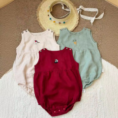 24夏歐洲進口刺繡亞麻無袖嬰兒包屁衣寶寶夏季薄款背心背心爬服舒
