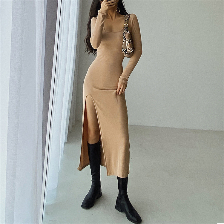 YPFF new autumn women's elegant sexy high slit dress slim slimming solid color long sleeve sheath dress YPFF new autumn women's elegant sexy high slit dress slim slimming solid color long sleeve sheath dress