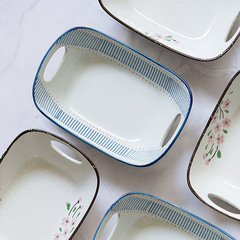 西田木雨印象櫻花漁火8寸長方手提烤盤水果盤日式釉下彩陶瓷餐具