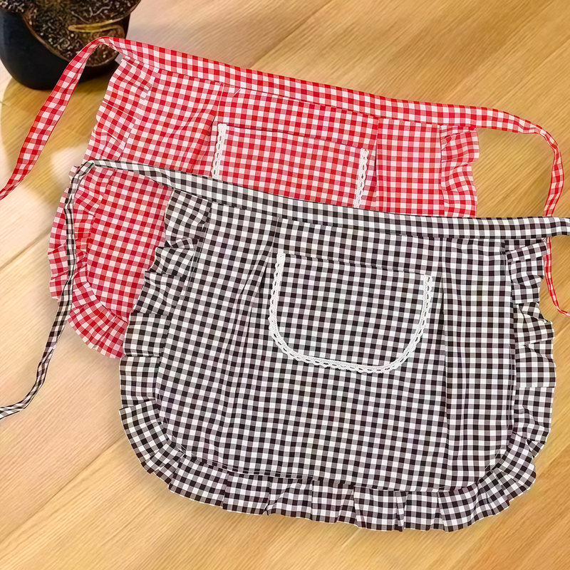 Pure cotton plaid apron for women, half-length kitchen apron for home use, oil-resistant, breathable, suitable for cooking and work, with pockets Pure cotton plaid apron for women, half-length kitchen apron for home use, oil-resistant, breathable, suitable for cooking and work, with pockets