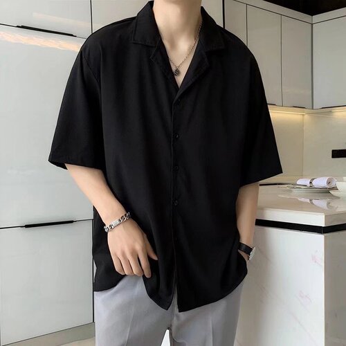Japanese-style black Cuban collar men's summer thin short-sleeved drape shirt, youth cool style ice silk short-sleeved top