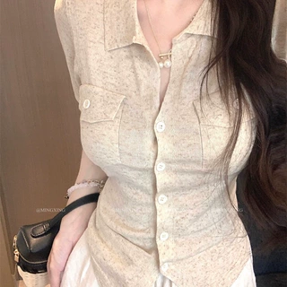 Polo领五分袖针织开衫女夏季纯色修身显瘦御姐设计感百搭衬杉上衣