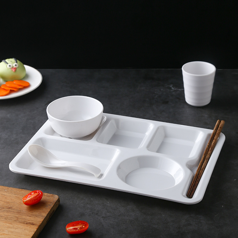 A5 Melamine Tableware Canteen Fast Food Restaurant Multi-Grids Dinner Plate Pure White Colorful Dish Bowl Spoon Wholesale Manufacturer Lunch