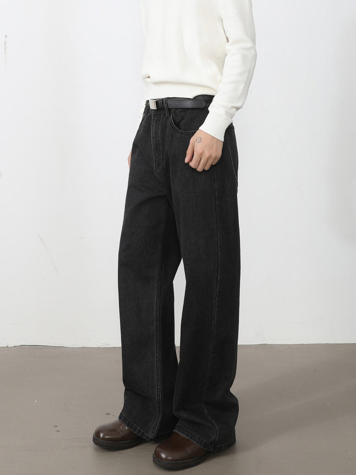 Quần jean nam ống rộng dáng suông thoải mái kiểu Mỹ, vải denim xử lý giặt mài, lưng trung, dài quần — Xanh da trờicolor, Xám đen, màu xám nhạt