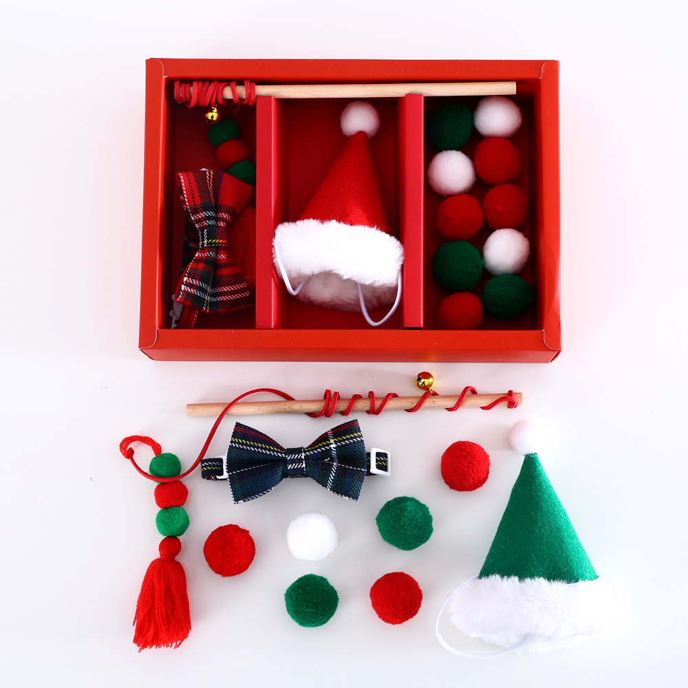 Mascota gato Santa Claus árbol sombrero pajarita collar divertido gato palo felpa molar sonido interactivo conjunto de juguetes caja