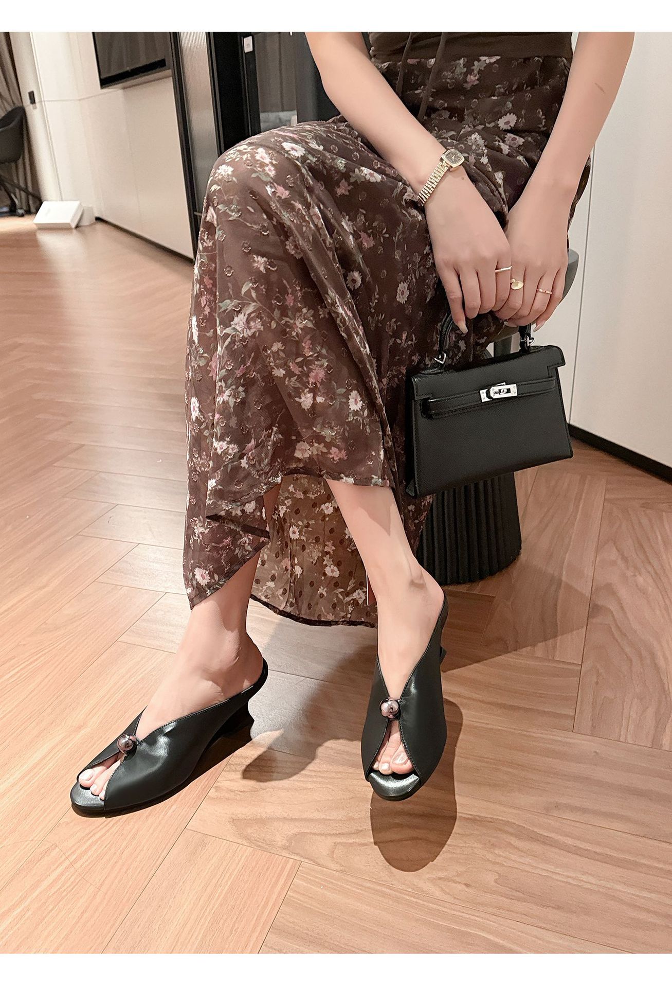 Sandal cao gót nữ hở mũi phong cách Chanel, gót xuồng 7 cm, quai ngang, đi biển hè — màu đen, màu hồng, màu trắng chi tiết 26