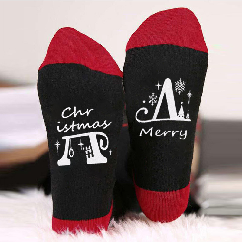 Calcetines navideños con letras de colores en contraste, estampado de muñeco de nieve, calcetines unisex de algodón con elementos navideños para comercio exterior.