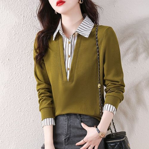 Fashion False Two-Piece Long-Sleeve Women's Shirt 2025 Spring and Autumn New Style Stylish Plus Size Top T-Shirt Outerwear Base Shirt