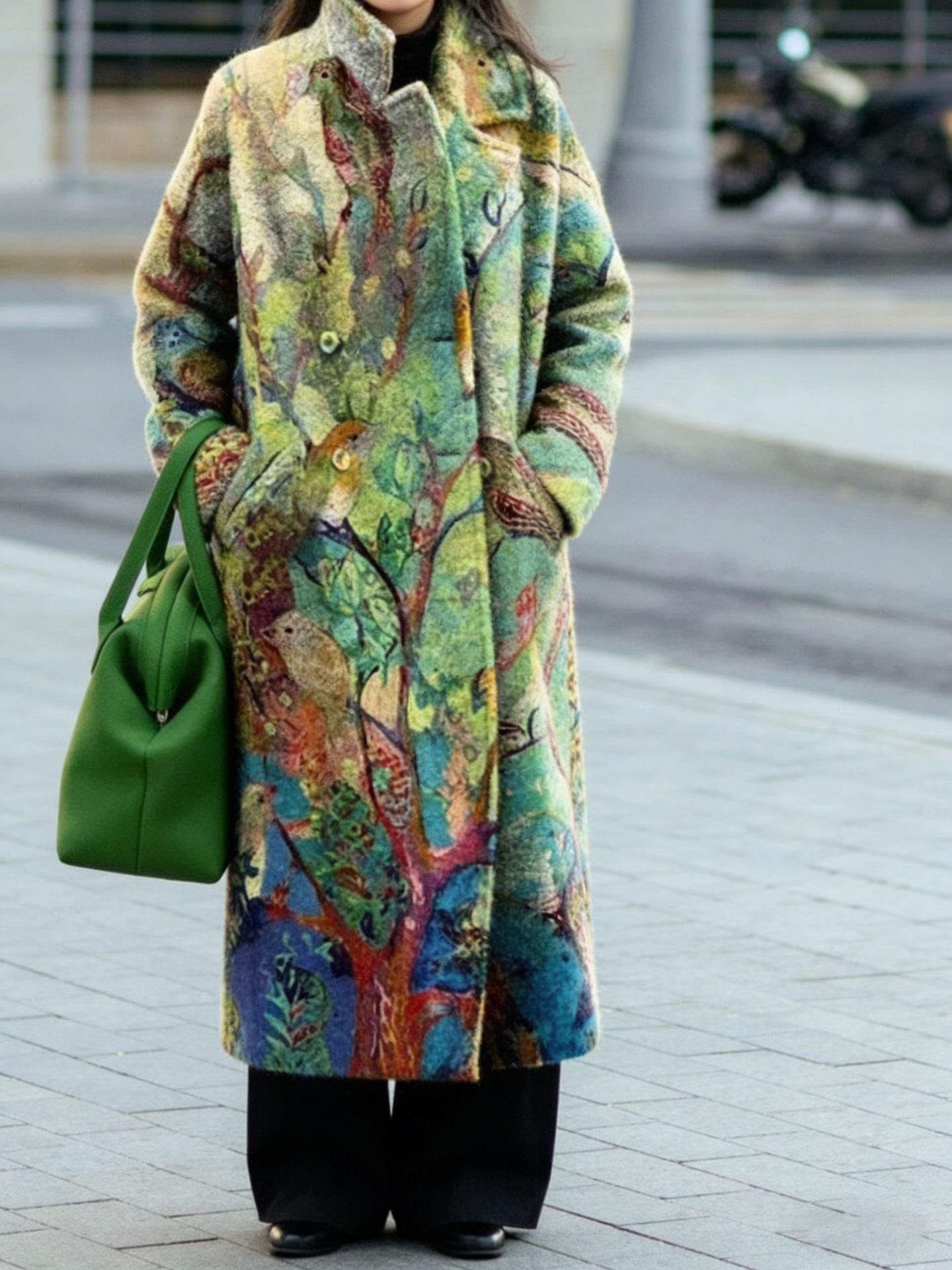 New Style Woolen Printed Coat for Women, European and American Cross-Border Amazon Long-Sleeved Lapel Coat for Autumn