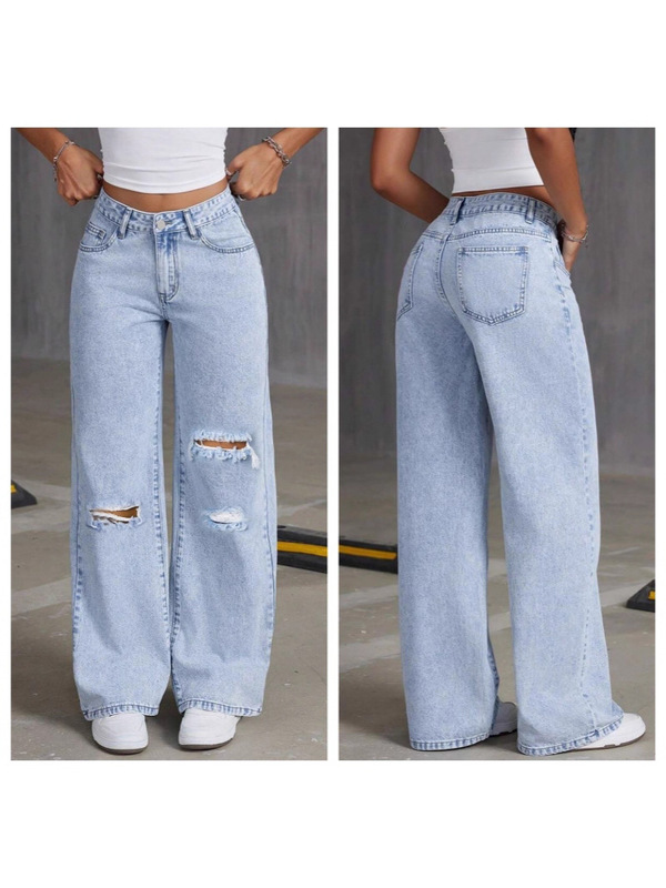欧美跨境2025新款宽松浅蓝色水洗阔腿牛仔裤纯色长裤WOMEN JEANS|undefined