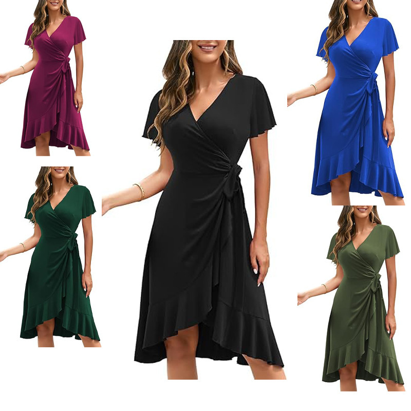 Women's casual short sleeve cocktail party dress sexy cross V-neck pleated flowy work wrap skirt 2023