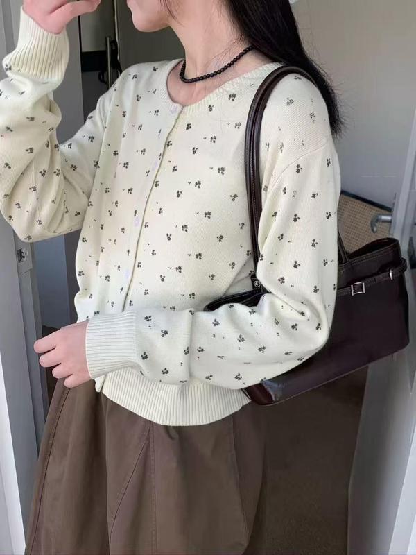 森系风碎花针织开衫圆领单排扣软糯亲肤早秋叠穿简约毛衣女装上衣|undefined