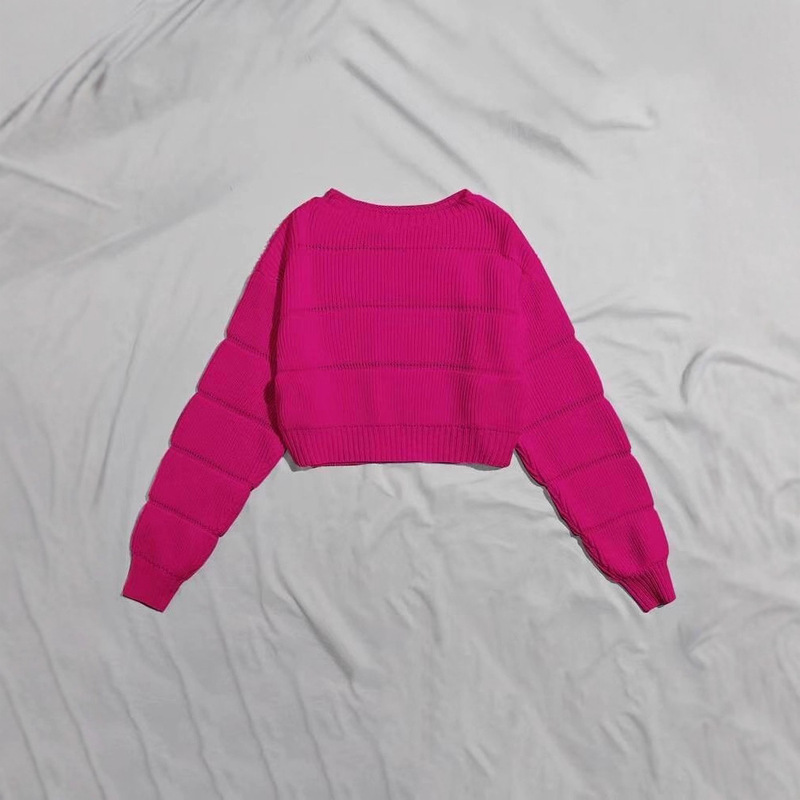 Spring, Autumn and Winter Knitted Round Neck European and American Style Commuter Pure Color Heart Pullover Sweater Women's Short Korean Style Oversized Hot Style