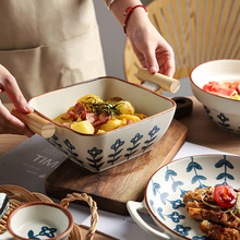 日式复古小蓝花陶瓷餐具手作风沙拉碗菜盘子双耳碗米饭碗汤碗
