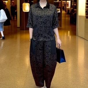 Summer Middle-Aged Mom Plus-Size Loose Casual Stylish Set Fashion Age-Reducing Mid-Sleeve Top Wide-Leg Pants Two-Piece Set