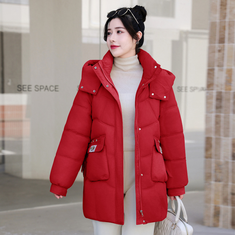 2024 invierno estilo coreano encapuchado vestido de pan de tamaño grande abrigo de algodón de pluma grueso mujer estilo largo exterior abrigo de algodón suelto image 9