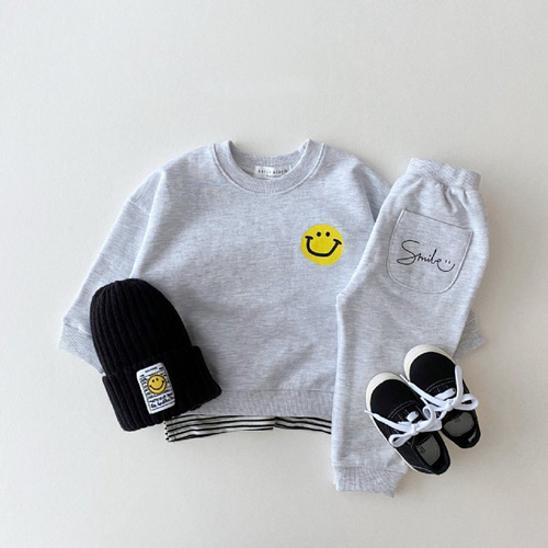 2024 Spring and Autumn Season Unisex Baby and Toddler Cotton Set with Smiling Design Loose Sweatshirt and Sweatpants Two-Piece Set