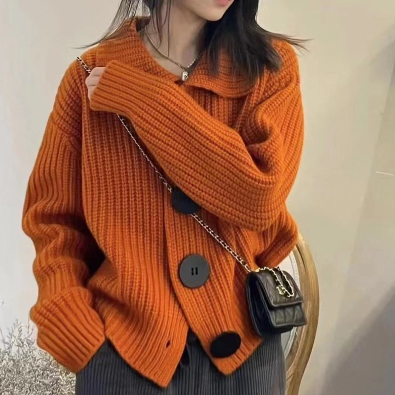 New European Style Autumn and Winter Long-Sleeved Loose Korean Style Fashionable Large Button Lapel Knitted Cardigan Women's Jacket Spring Sweater