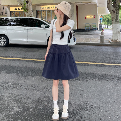 Women's Summer New College Style Loose Solid Color A-Line Five-Foot Skirt with High-Waist Splicing and Versatile Design