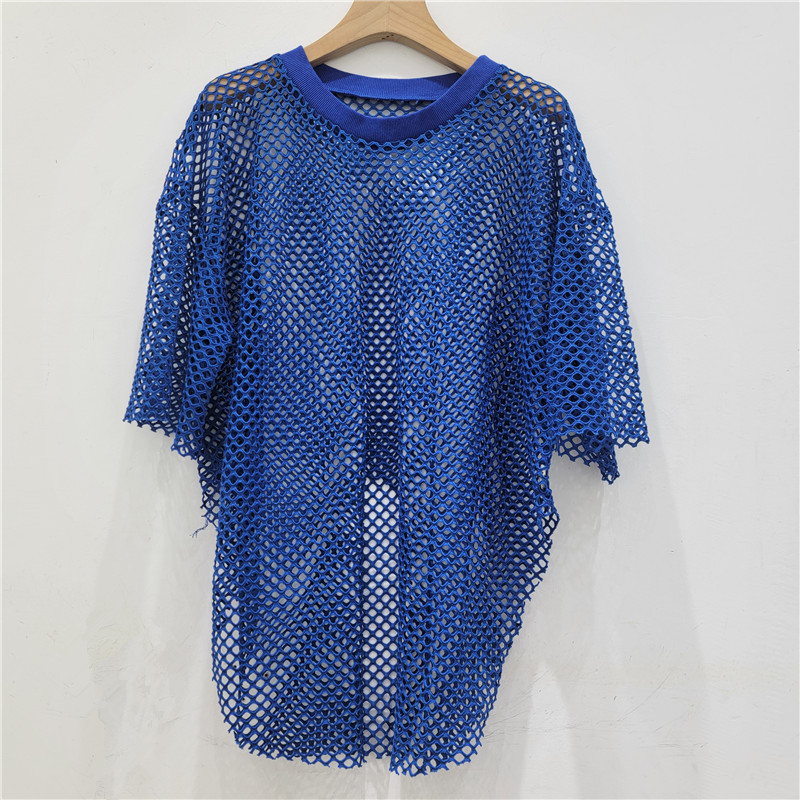 Personalidad fresca de malla hueca cuello redondo mangas cortas irregulares chaqueta de horquilla para mujeres 2025 chaqueta de moda de verano