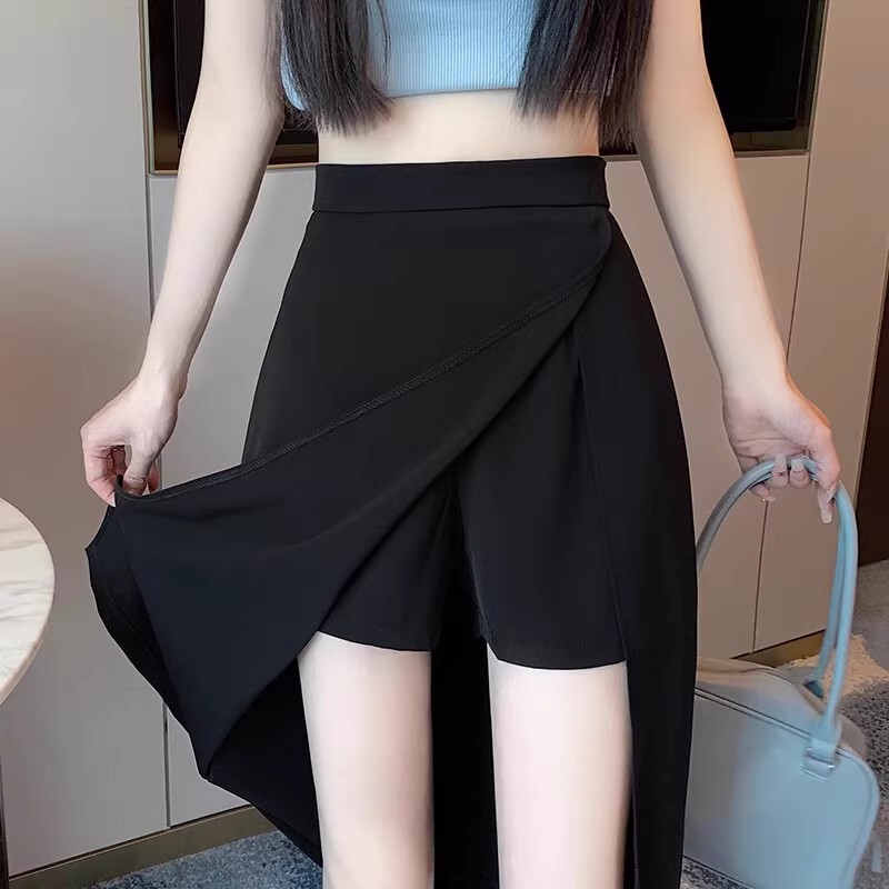 Black Irregular Half-Length Skirt for Women in Spring and Summer, Mid-Length Anti-Exposure A-Line Slit Slimming Look Hip Skirt for Small People