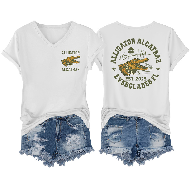 Foreign Trade Women's Tops Cross-Border E-Commerce Amazon V Neck Crocodile Print Colorful Cotton T-Shirt