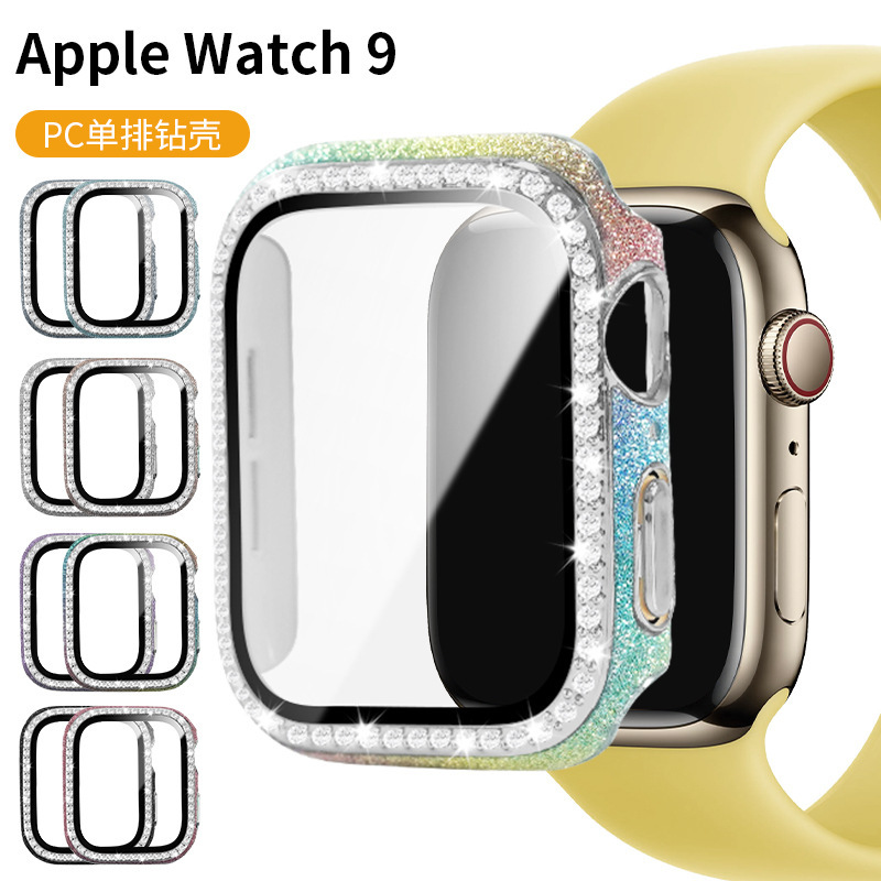 Suitable for Apple Watch Case Apple Watch Protective Cover Pc + Tempered Film + Single Row Diamond + Leather