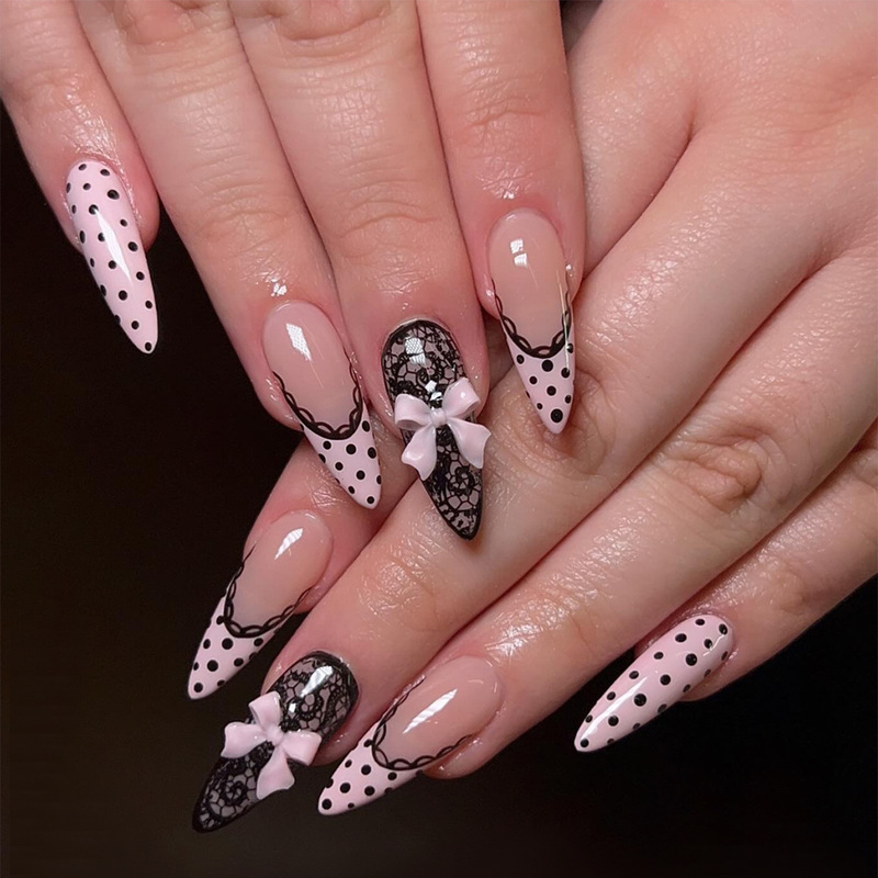 24 Pieces of Almond-Shaped High-End Wearable Nails Y2K Sweet Cool Black Polka Dot Lace French Manicure Nail Tips Cross-Border Wholesale 24 Pieces of Almond-Shaped High-End Wearable Nails Y2K Sweet Cool Black Polka Dot Lace French Manicure Nail Tips Cross-Border Wholesale
